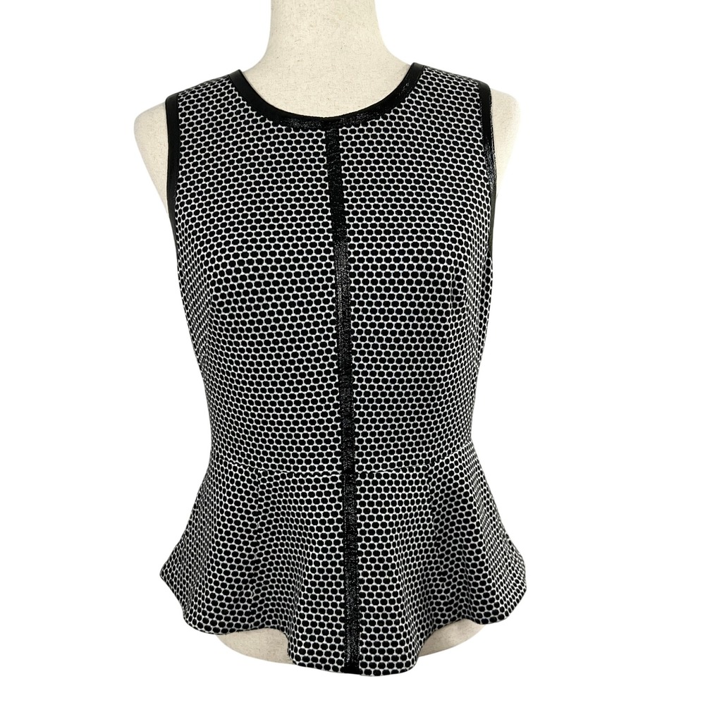 Vince Camuto Black White Dot Peplum Top Faux Leather Trim Medium